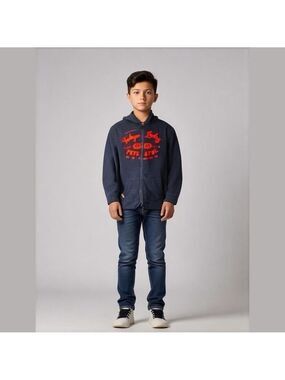 Tokyo Laundry Hoodie Navy Blue size L Embroidered Red Logo Red cuffed wrists hem